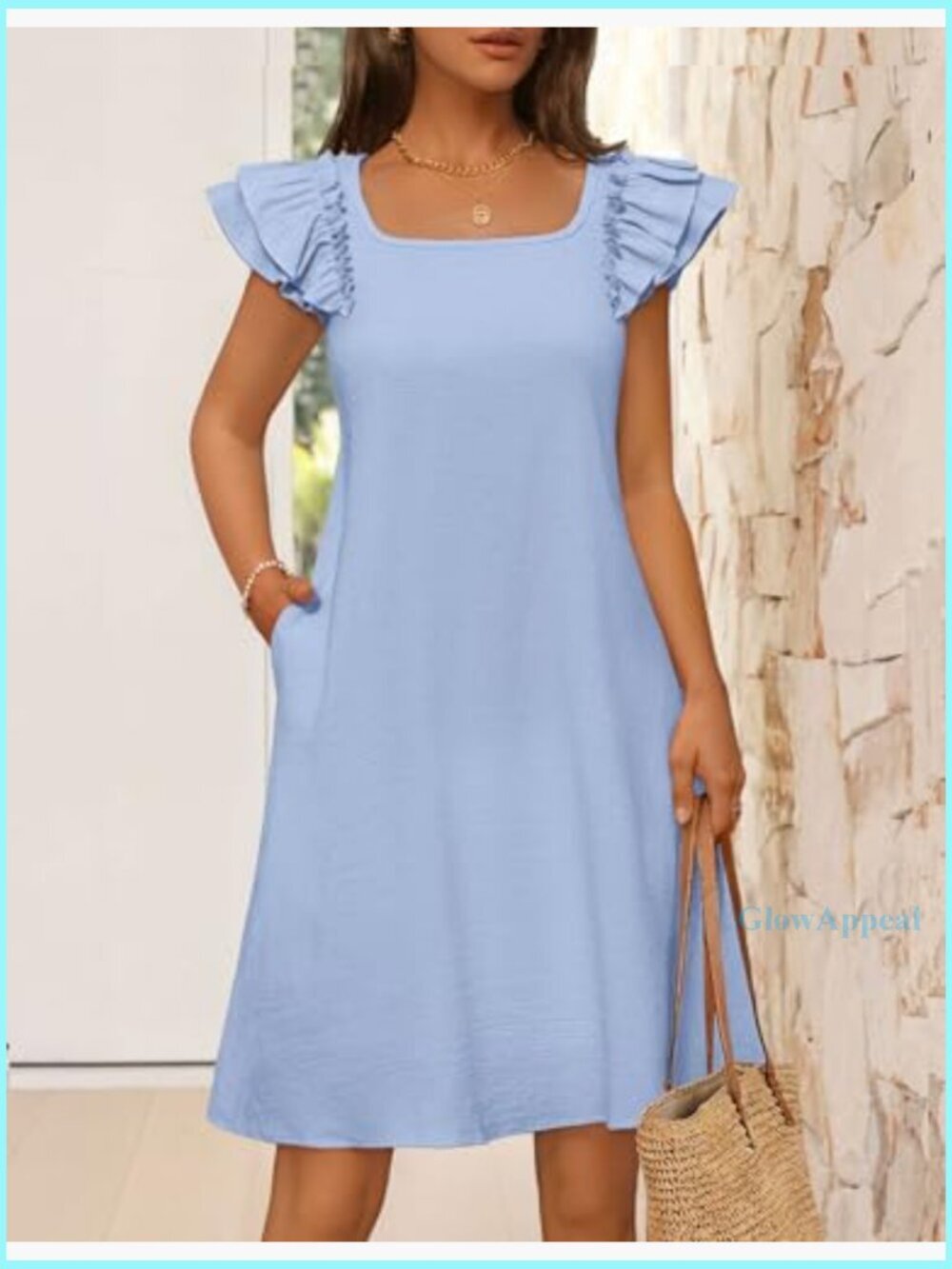 Ruffle Sleeve Square Neck Mini Dress with Pockets Casual Shift Sundress - Picture 2 of 7